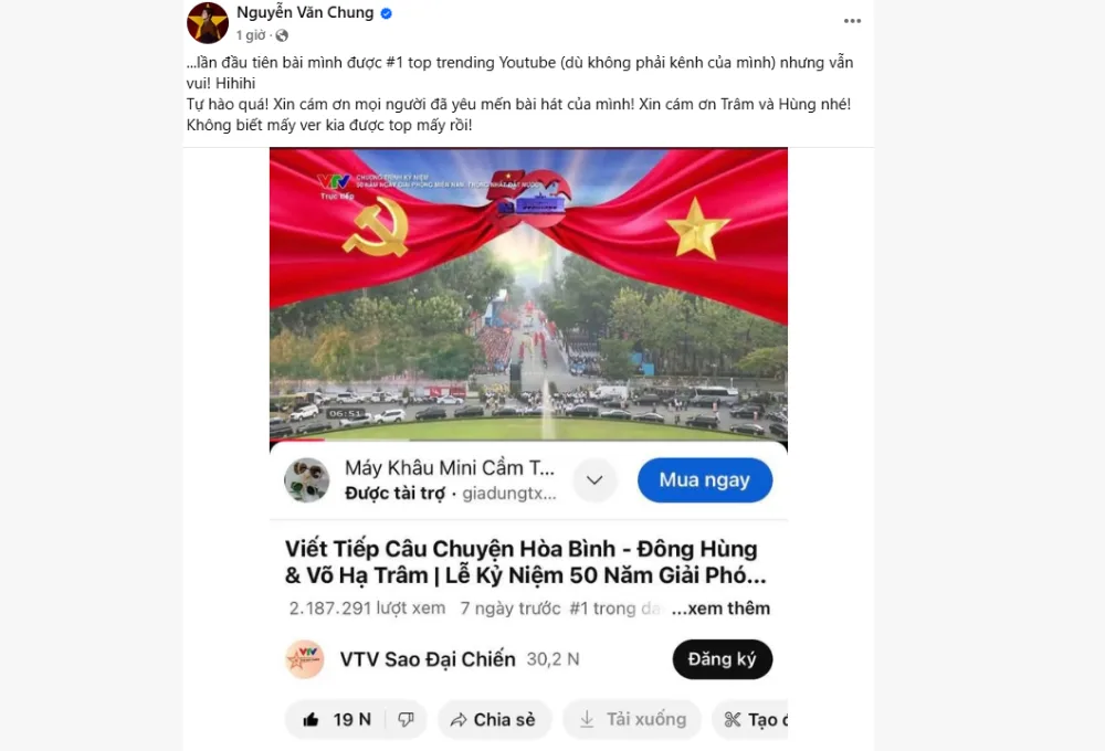 Ca khúc "Viết tiếp câu chuyện hoà bình" song ca cùng Võ Hạ Trâm đạt 3 tỷ view