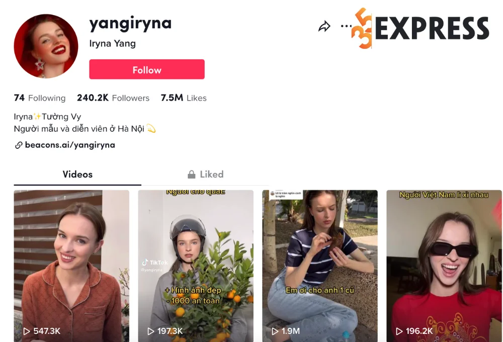 Iryna Yang sử hữu hơn 240 nghìn lượt người theo dõi trên kênh TikTok