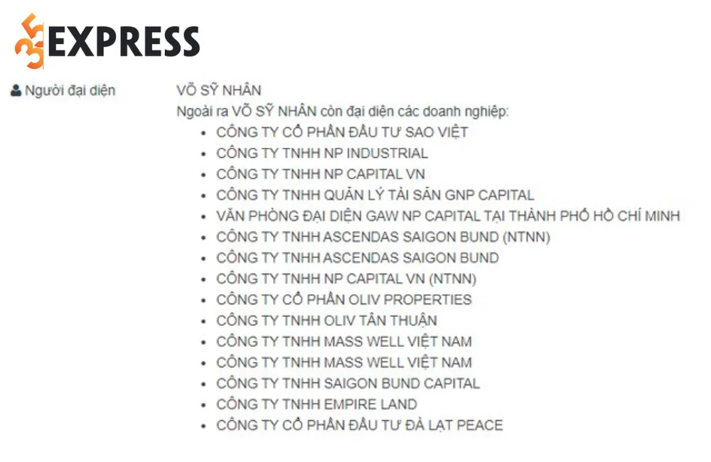 Danh sách các công ty ông Võ Sỹ Nhân đại diện