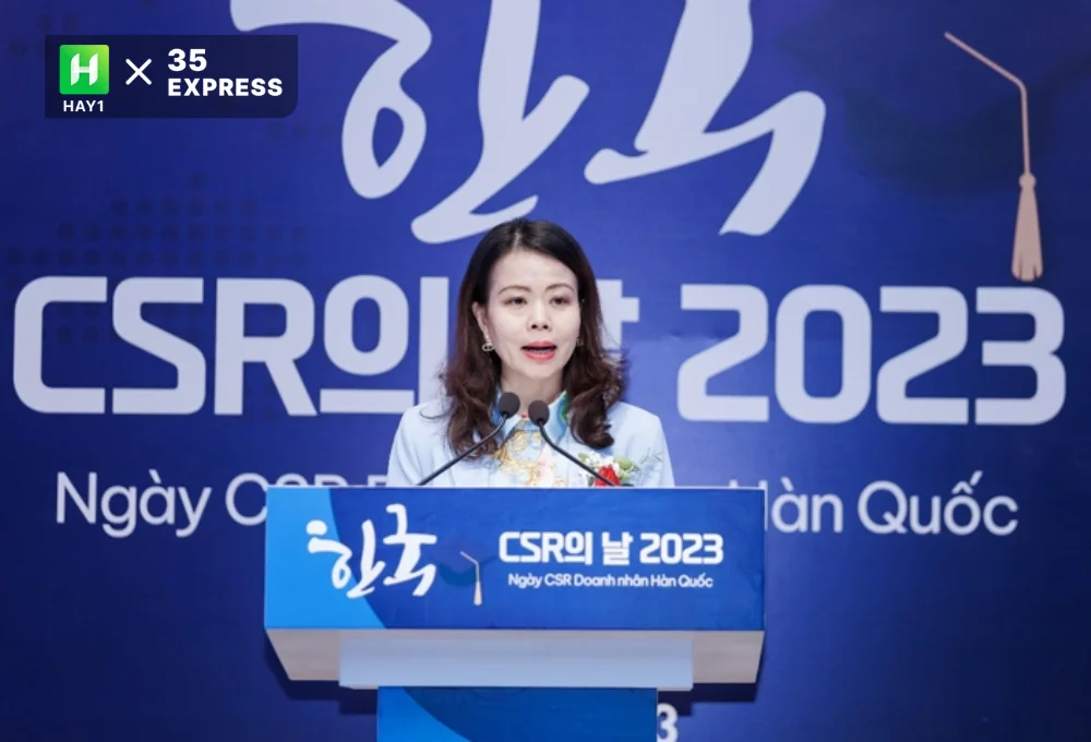 Nguyễn Minh Hằng - Thứ trưởng Bộ Ngoại giao Việt Nam phát biểu tại buổi lễ. CSR Doanh nhân Hàn Quốc, Lễ trao học bổng “Chung tay chia sẻ 2023”