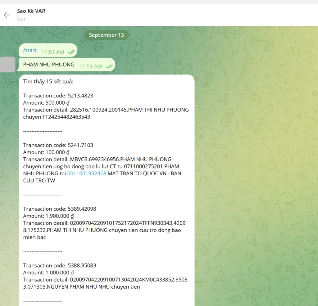5. Check sao kê bão YAGI bằng bot Telegram với saoke_var_bot