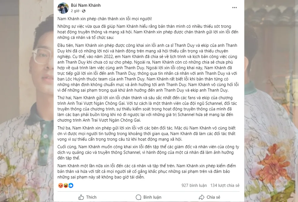 VJ Nam Khánh xin lỗi vì “vạ miệng”