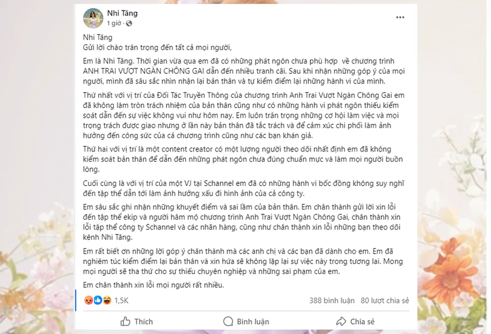VJ Nhi Tăng tự kiểm điểm lại bản thân
